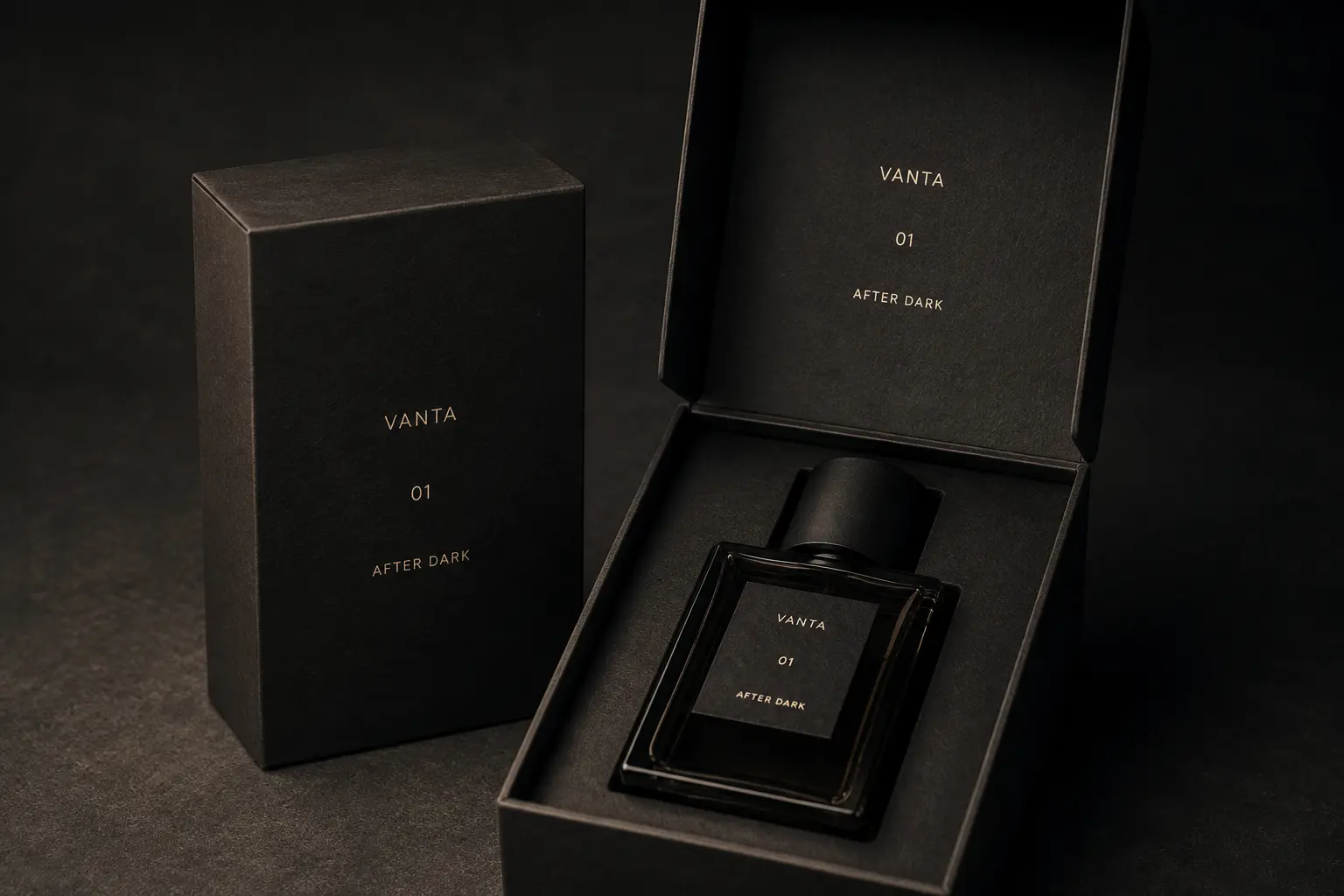 The VANTA outer carton in matte board beside the opened box holding the bottle