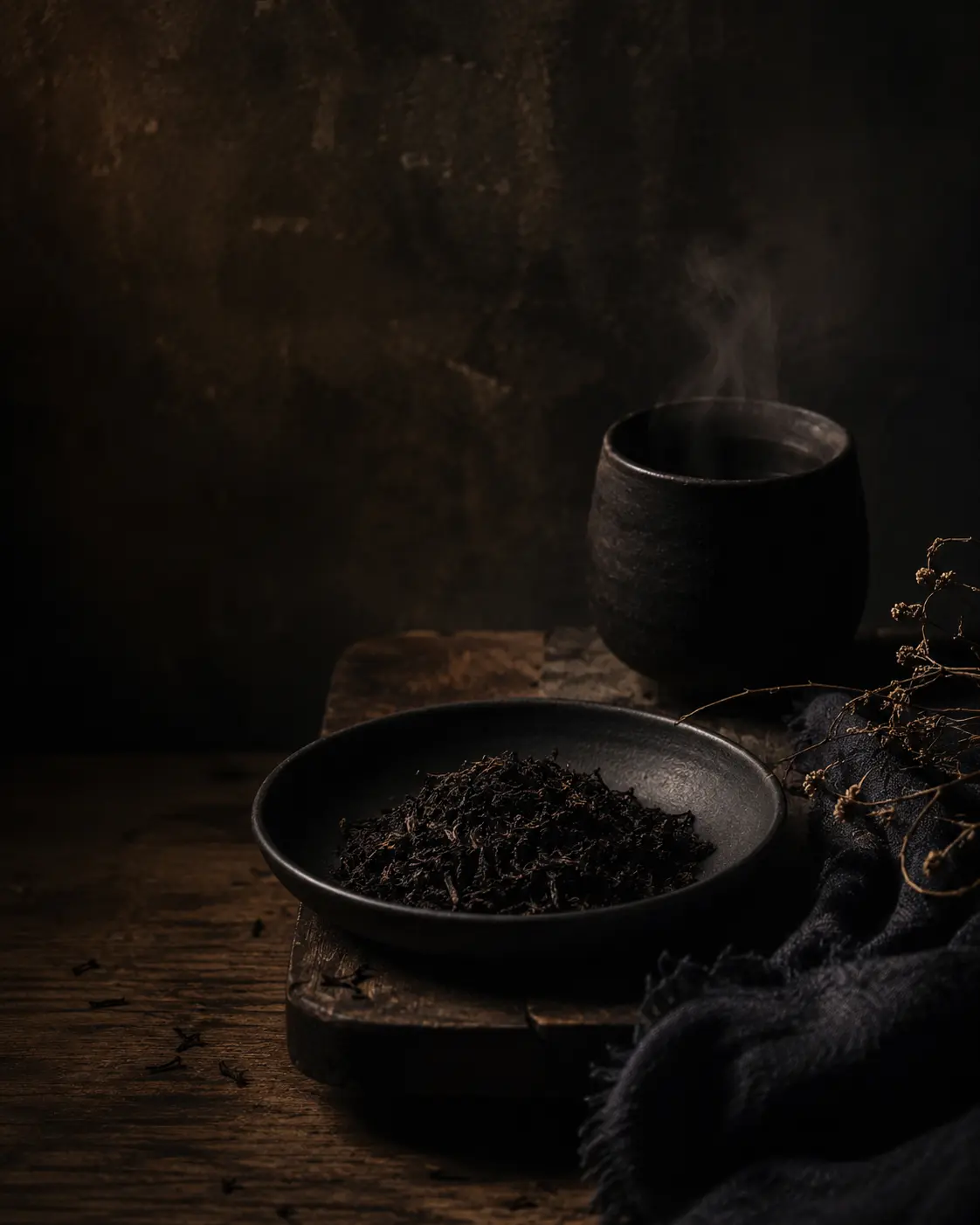 Loose black tea leaves in a dark ceramic dish beside a steaming cup on blackened wood