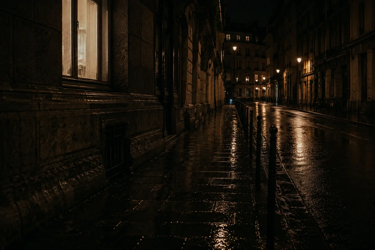 An empty city street after rain, wet cobblestones reflecting warm street lamps
