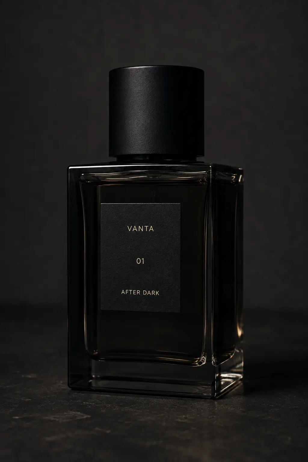 The VANTA 01 bottle in smoked glass with a matte black cap and a minimal gold-foiled label